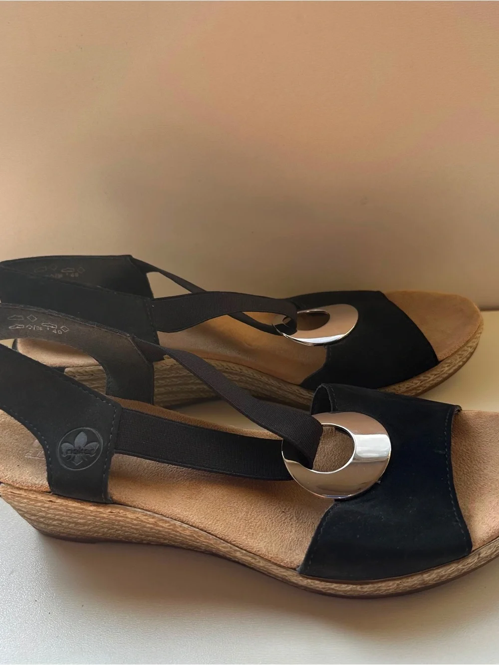 Rieker Womens Black Wedge Sandals Elastic Ankle Strap Silver Ring Size 8 US